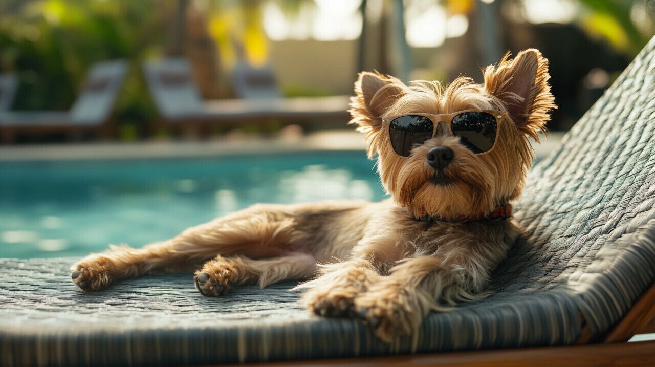 A small dog lying on a lounge chair by a pool.
