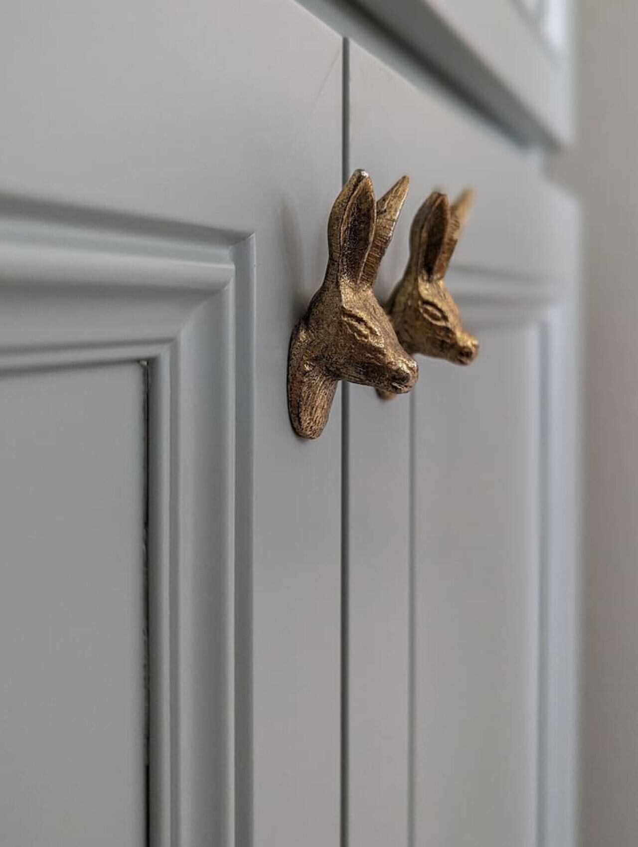 Due bussolotti a forma di testa di animale dorati su una porta bianca.