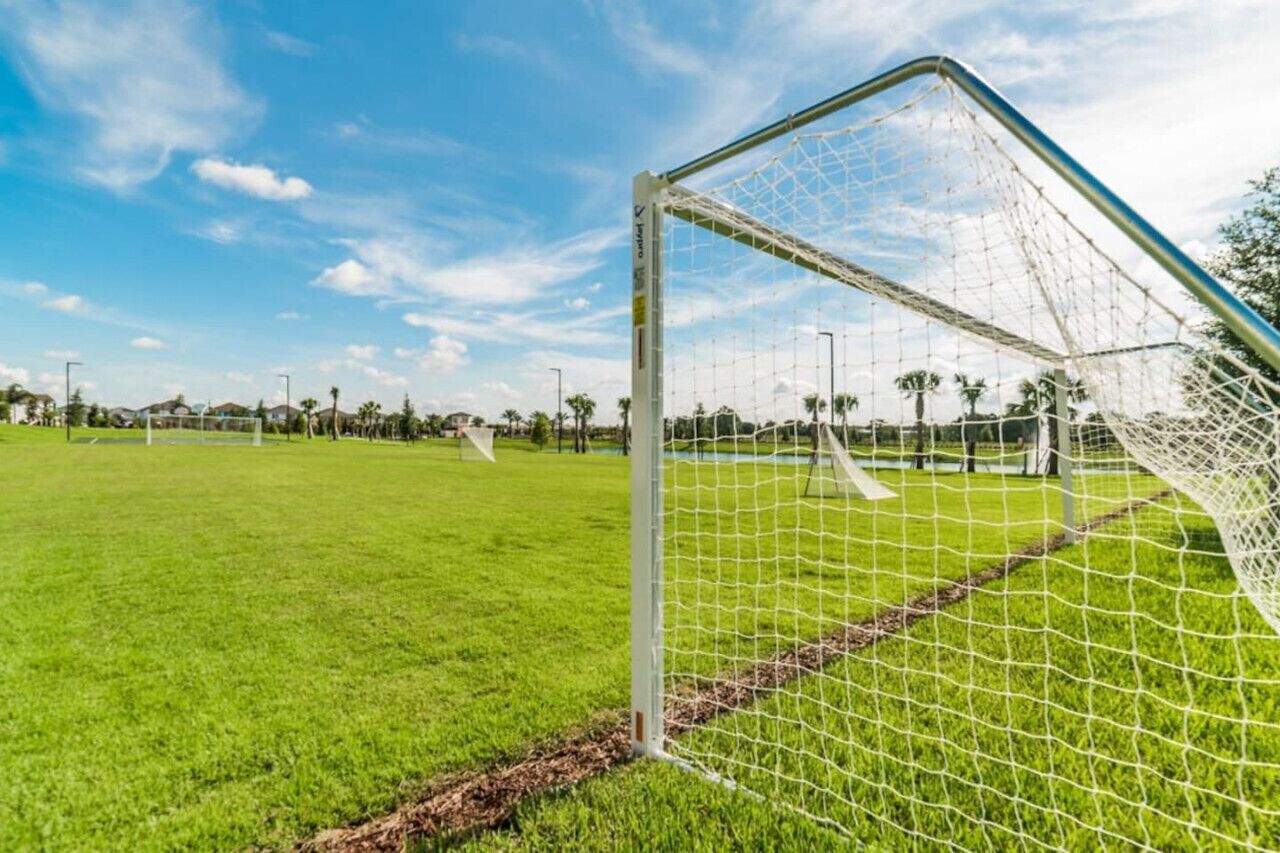 A soccer field with a goalpost and net, surrounded by a clear sky and palm trees.