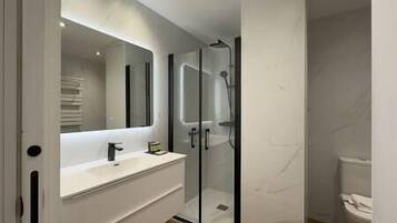 A modern bathroom with a glass-enclosed shower, a large mirror, and a white vanity.