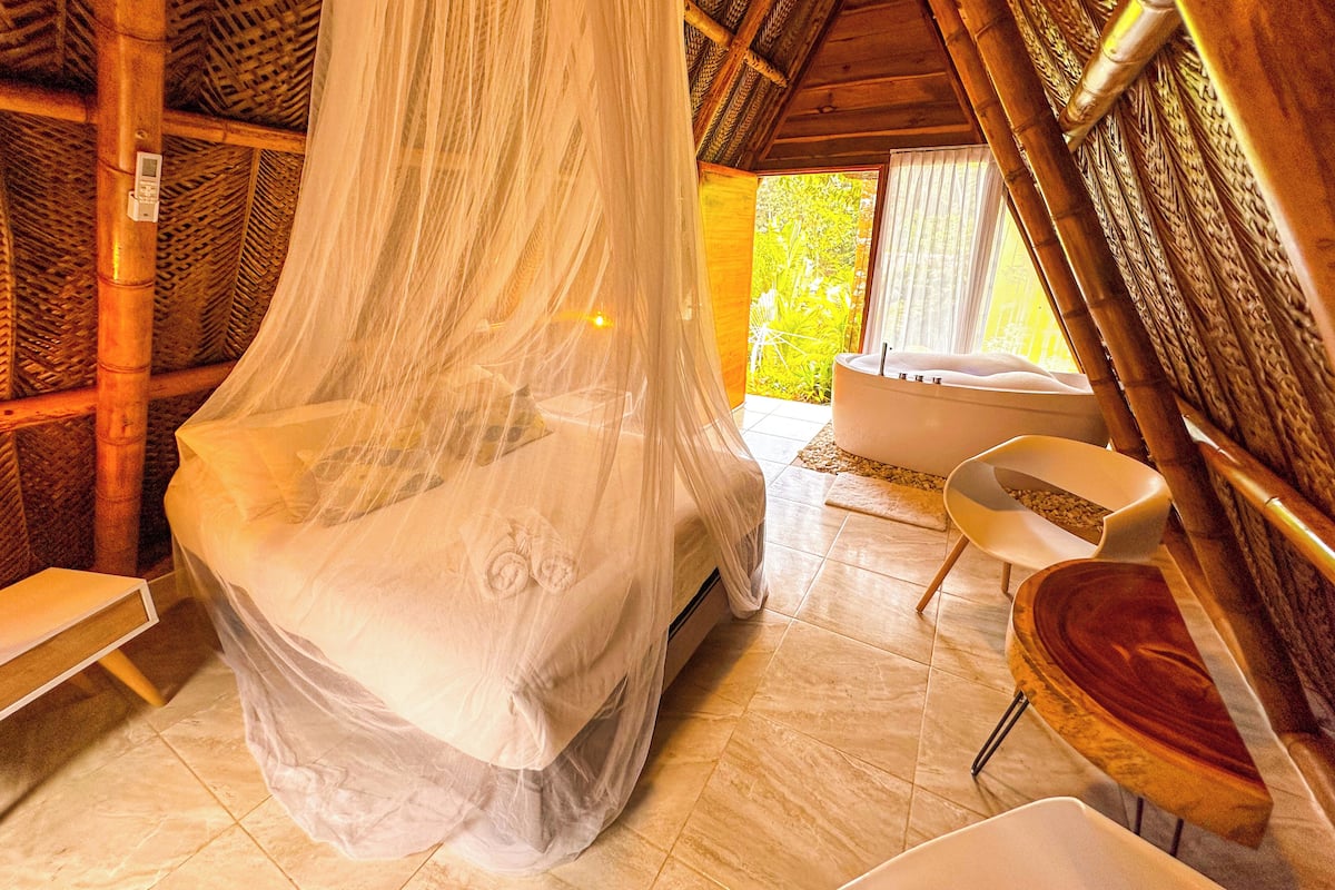 A room with a canopy bed, a bathtub, and a chair.