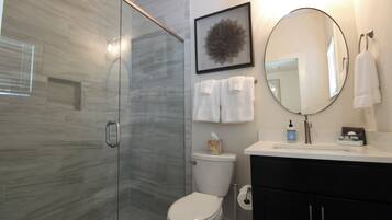 Hair dryer, towels, soap, toilet paper