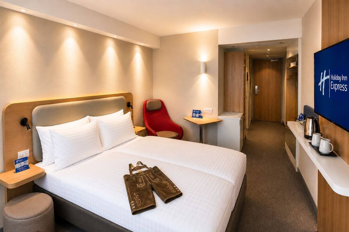 A hotel room with a bed, a red chair, a small table, a TV, and a coffee station.