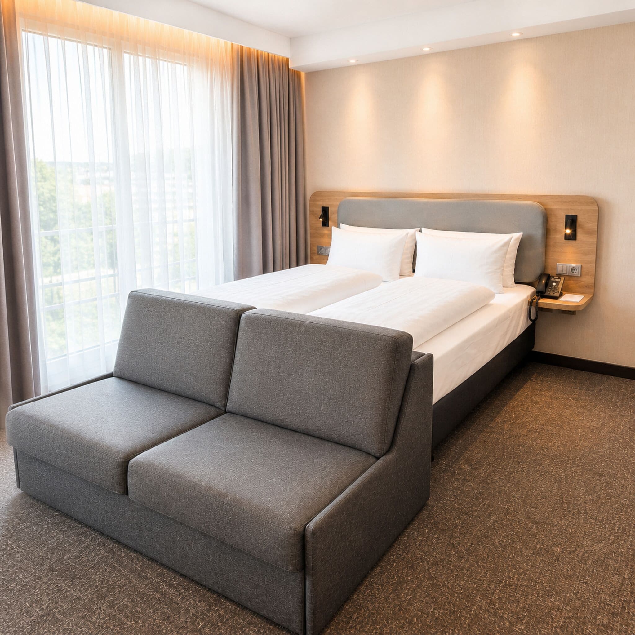 Una habitación de hotel con cama, un sofá gris, una mesita de noche con teléfono y una ventana con cortinas.