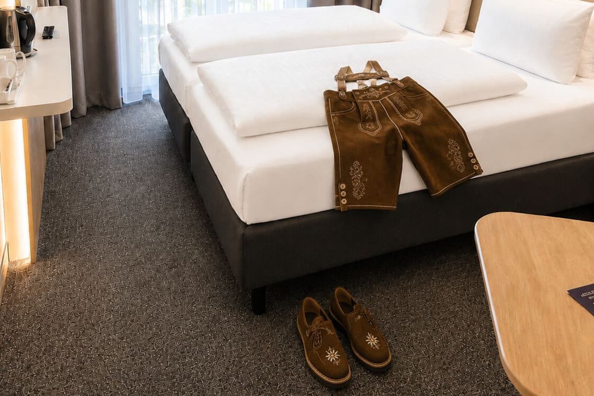 A hotel room with a large bed, a TV, a desk, and a window with curtains.