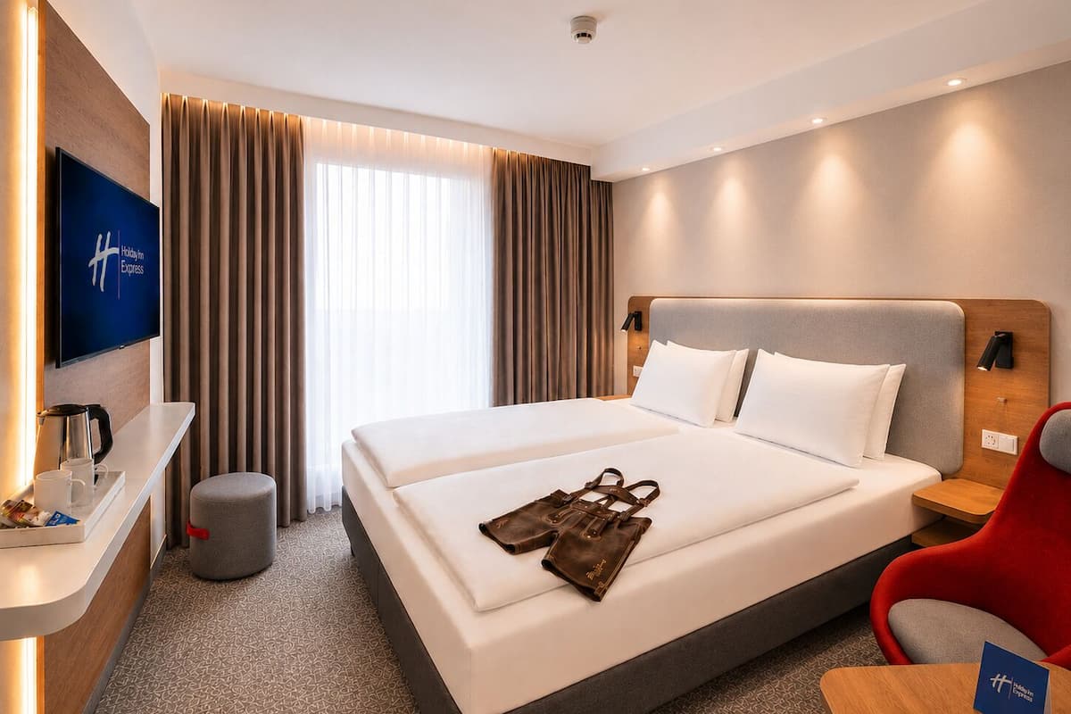 A hotel room with a large bed, a TV, a desk with a coffee maker, and a red chair.