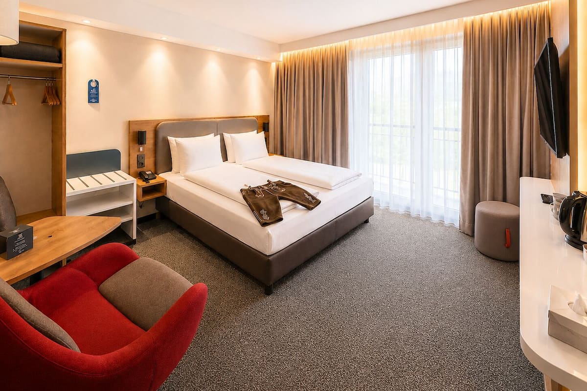A hotel room with a bed, a desk, a chair, a TV, and a bathroom.