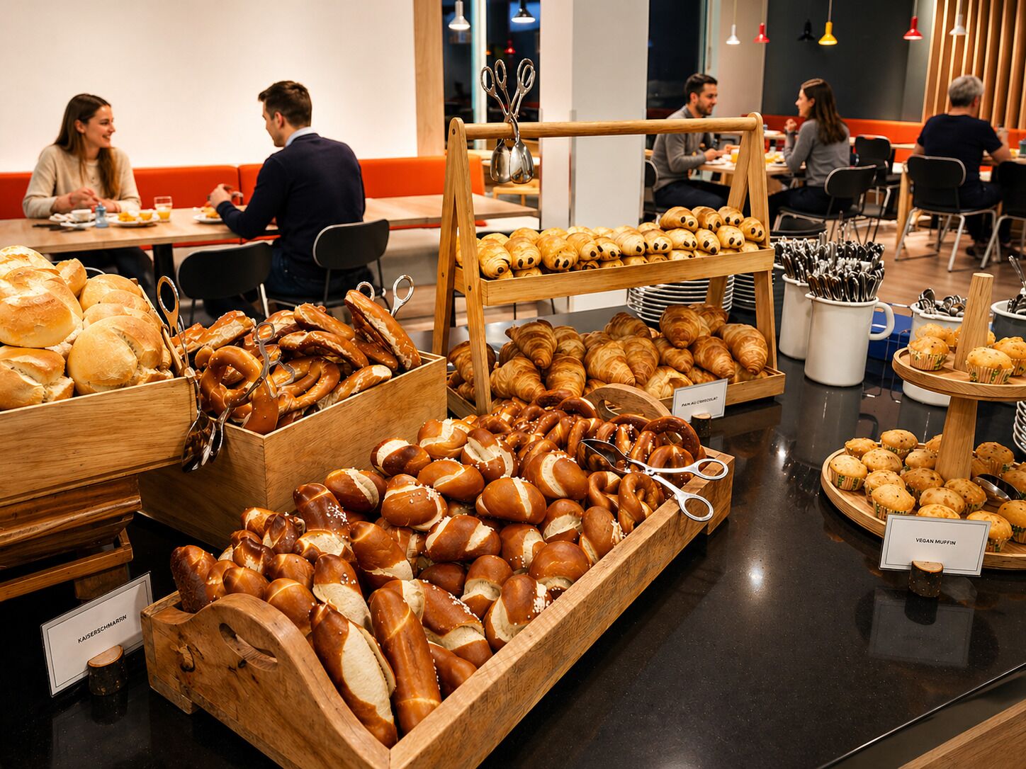 Een bakkerijpresentatie met verschillende gebakjes in houten bakken.