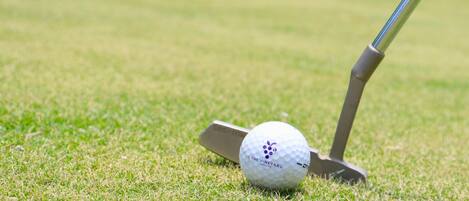 Uma bola de golfe sobre um tee num campo gramado.