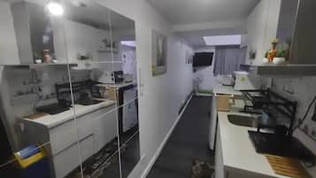Fridge, microwave, stovetop, electric kettle