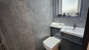 Hair dryer, towels, soap, shampoo