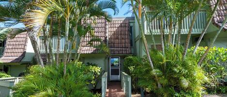 A multi-story building with a green facade and a brown roof, surrounded by lush tropical vegetation.