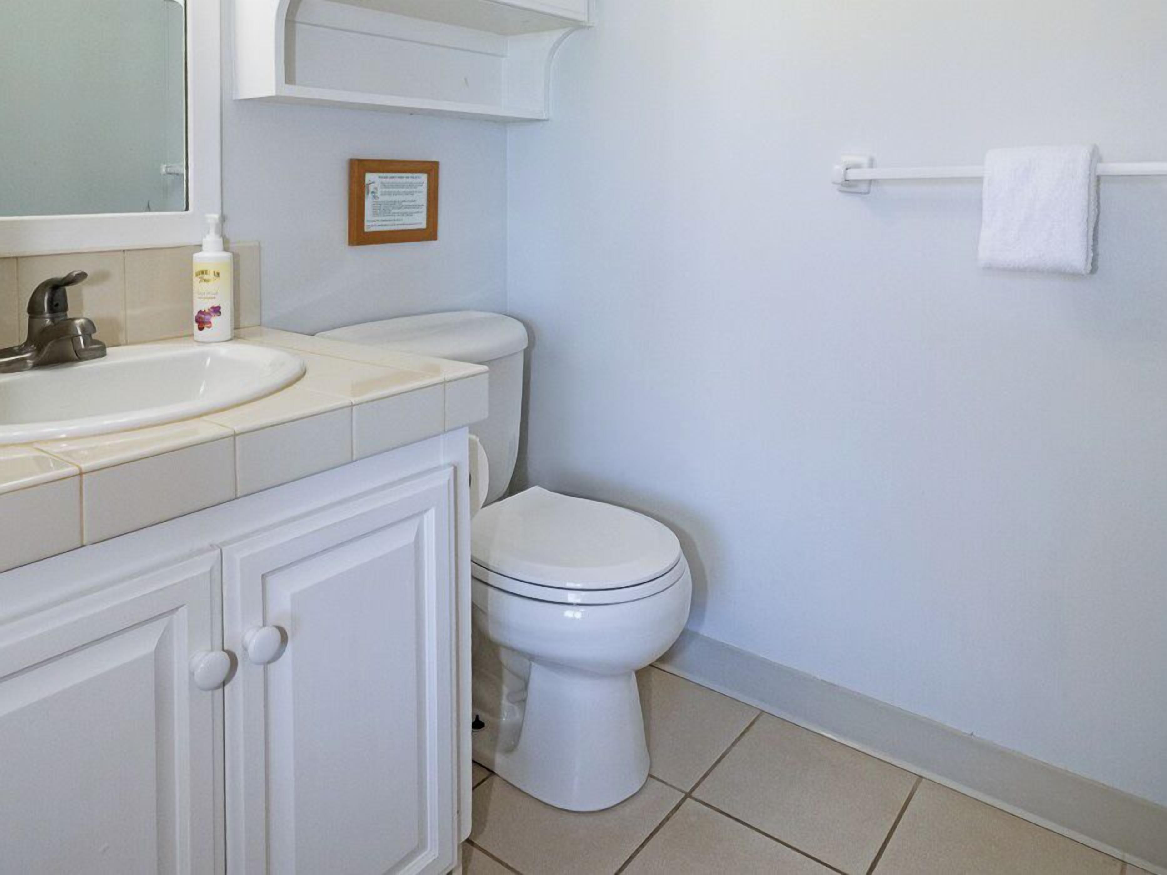 A bathroom with a toilet, sink, and mirror.