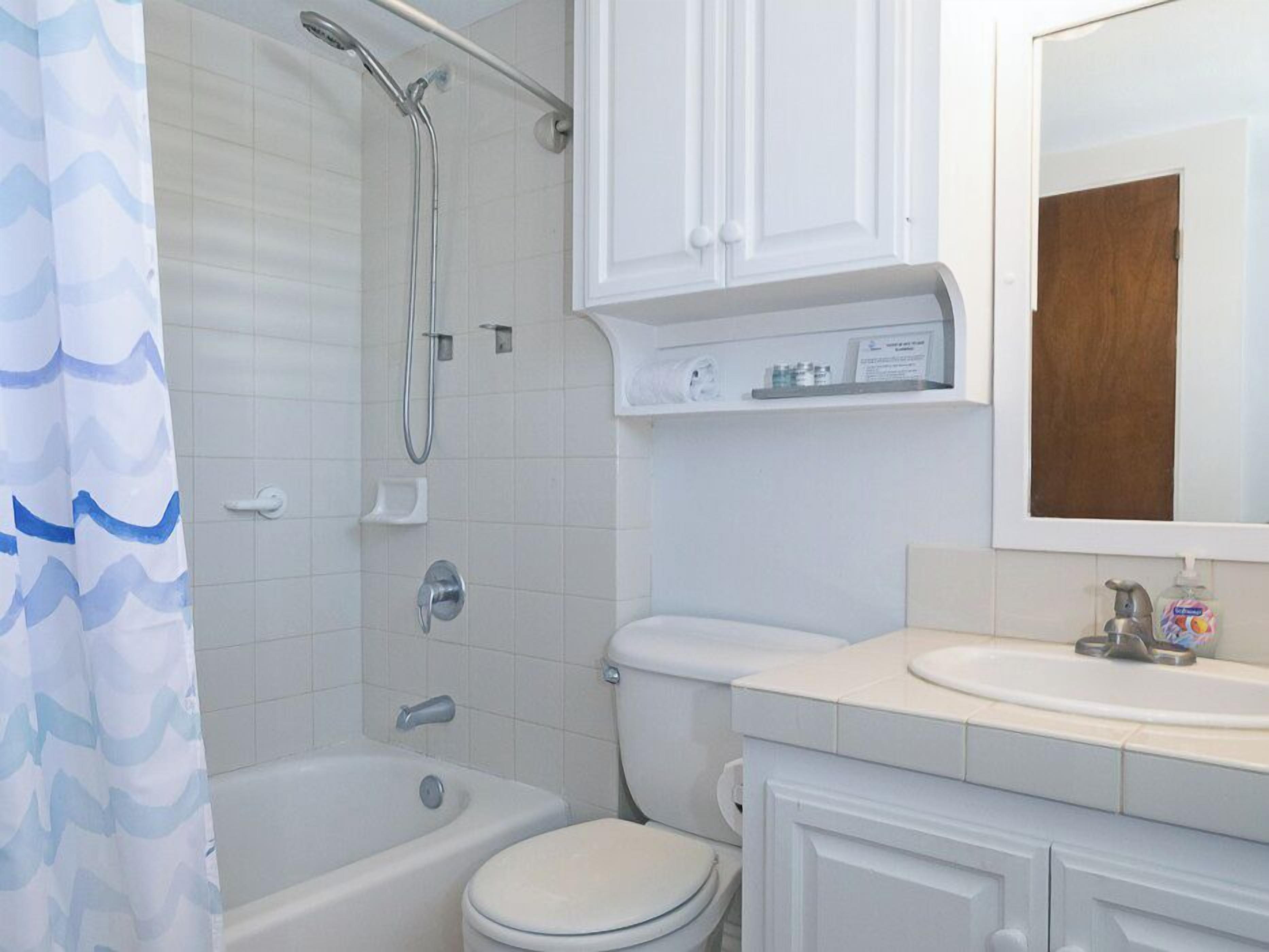 Un baño con bañera, inodoro, ducha y lavamanos con espejo.