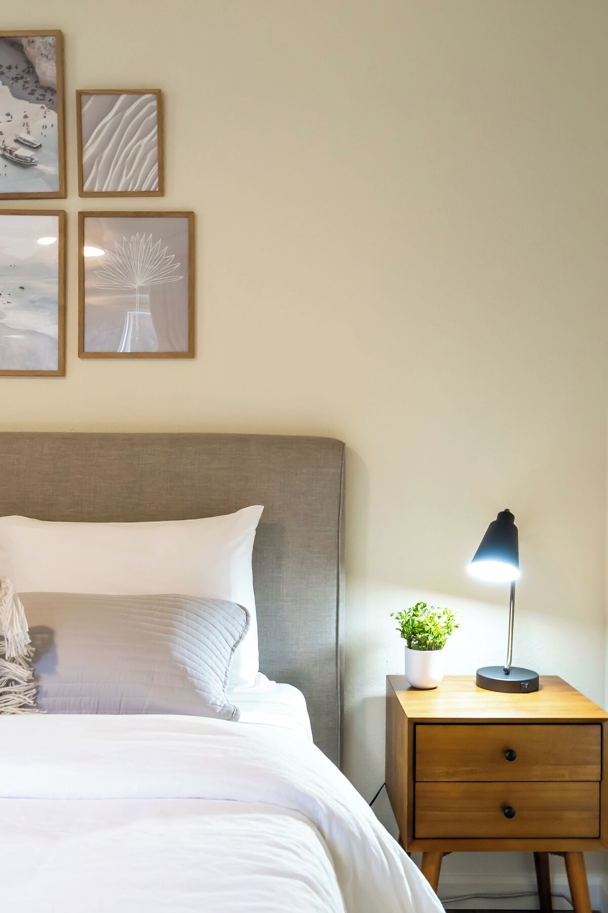 A neatly made bed with white linens, a grey headboard, and a bedside table with a lamp and a potted plant.