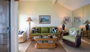 Condo, 1 Queen Bed, Balcony, Ocean View (E10) | Living area | MP3 dock - Sealodge E10 (Princeville)