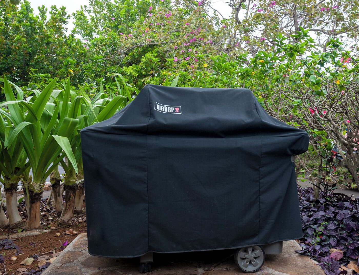 A portable Weber grill covered with a black cloth, placed outdoors with lush greenery and flowering plants in the background.