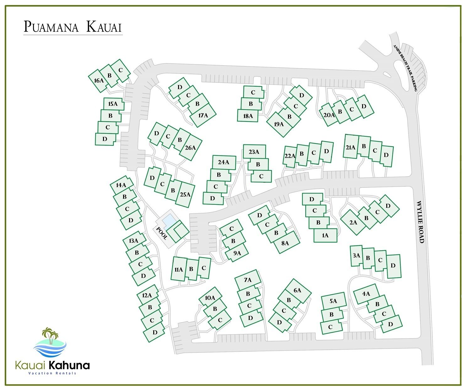 Ein Überblick über Puamana Kauai, mit nummerierten Bereichen, die Zimmer oder Wohneinheiten kennzeichnen.