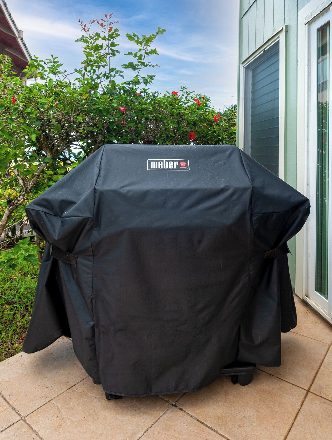 Ein Weber-Grillüberzug draußen, im Hintergrund ein Haus und Grünflächen.