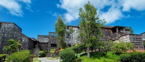 A modern building with a mix of wooden and metal exterior, surrounded by lush greenery and a clear blue sky.
