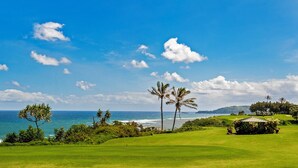A golf course with a view of the ocean and palm trees. - Kamahana 24 (Princeville)