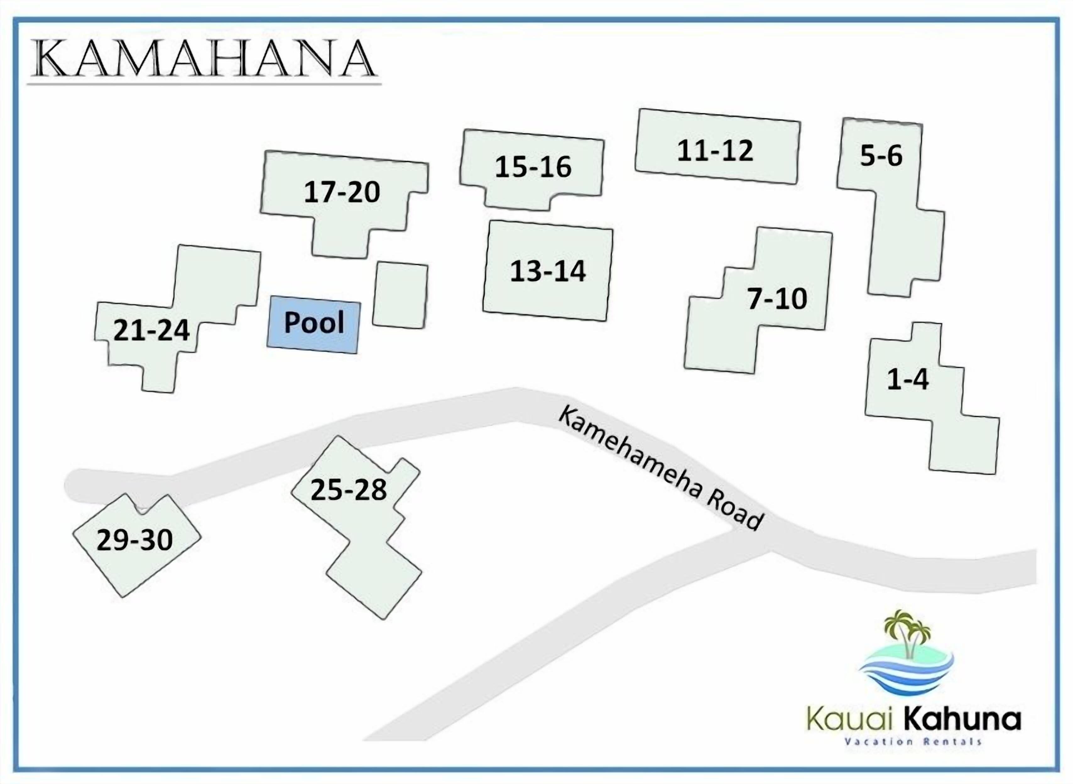 A hotel layout with numbered rooms from 1-4 to 29-30, a pool, and a road named Kamehameha Road.
