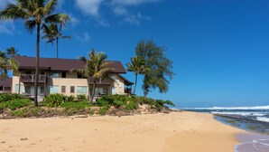 Une propriété située en bord de mer, avec un bâtiment à deux étages, des palmiers et une plage de sable.