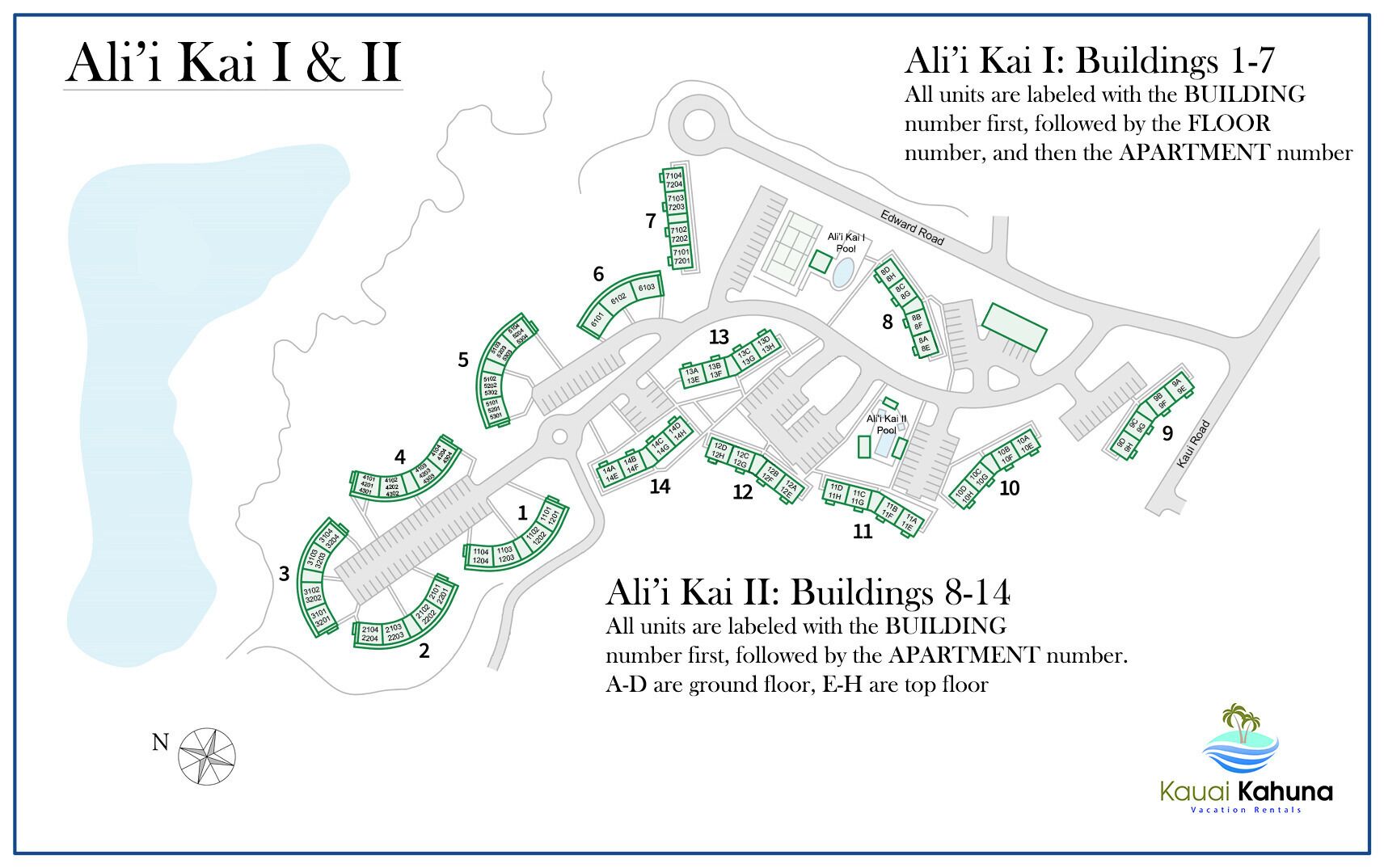 Mapa de Ali'i Kai I & II, com edifícios e piscinas identificados.