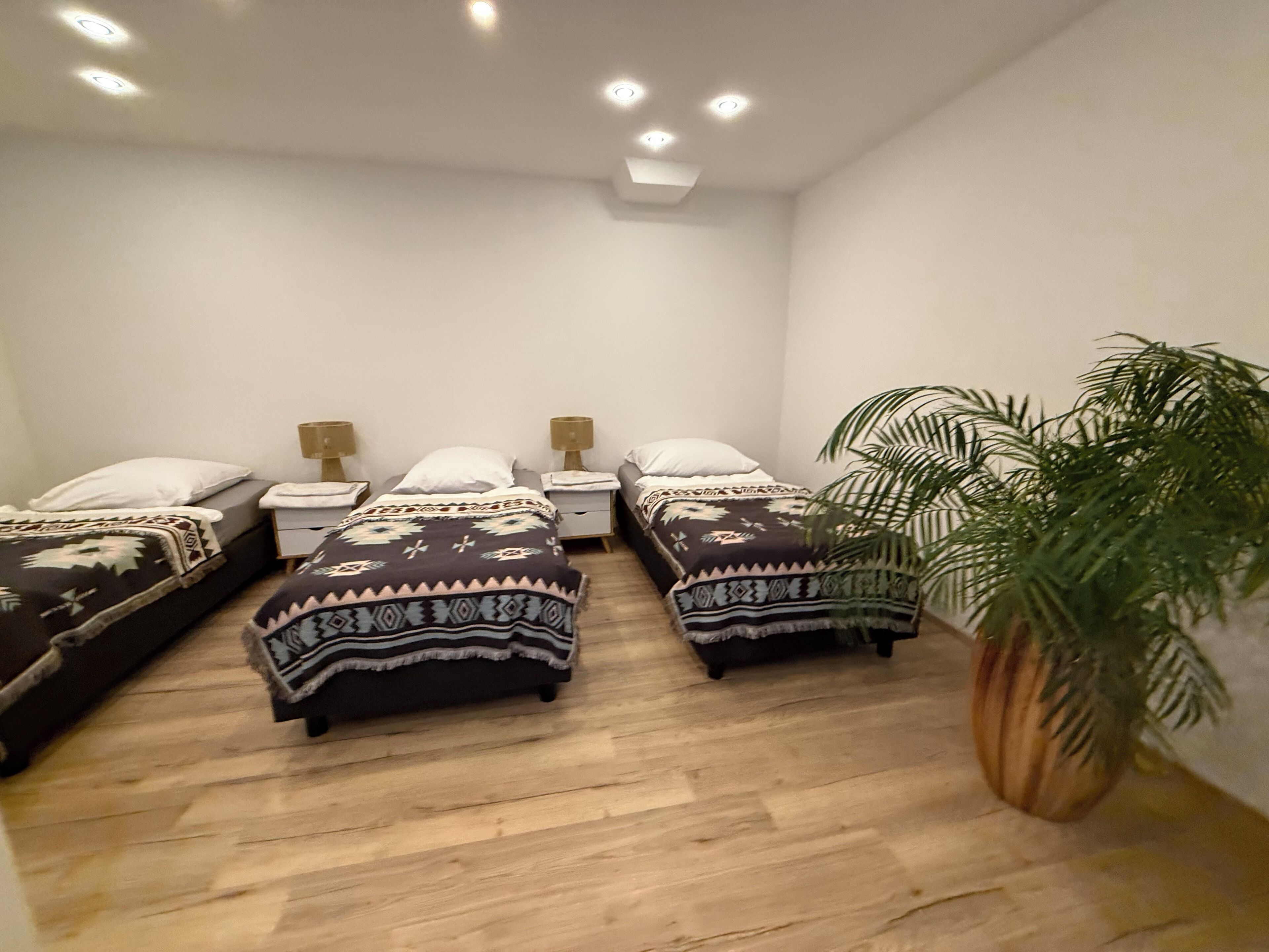 Ein Schlafzimmer mit drei Einzelbetten, jedes mit gemusterten Betttextilien und Nachttischlampen. In der Ecke steht ein großer Blumentopf.