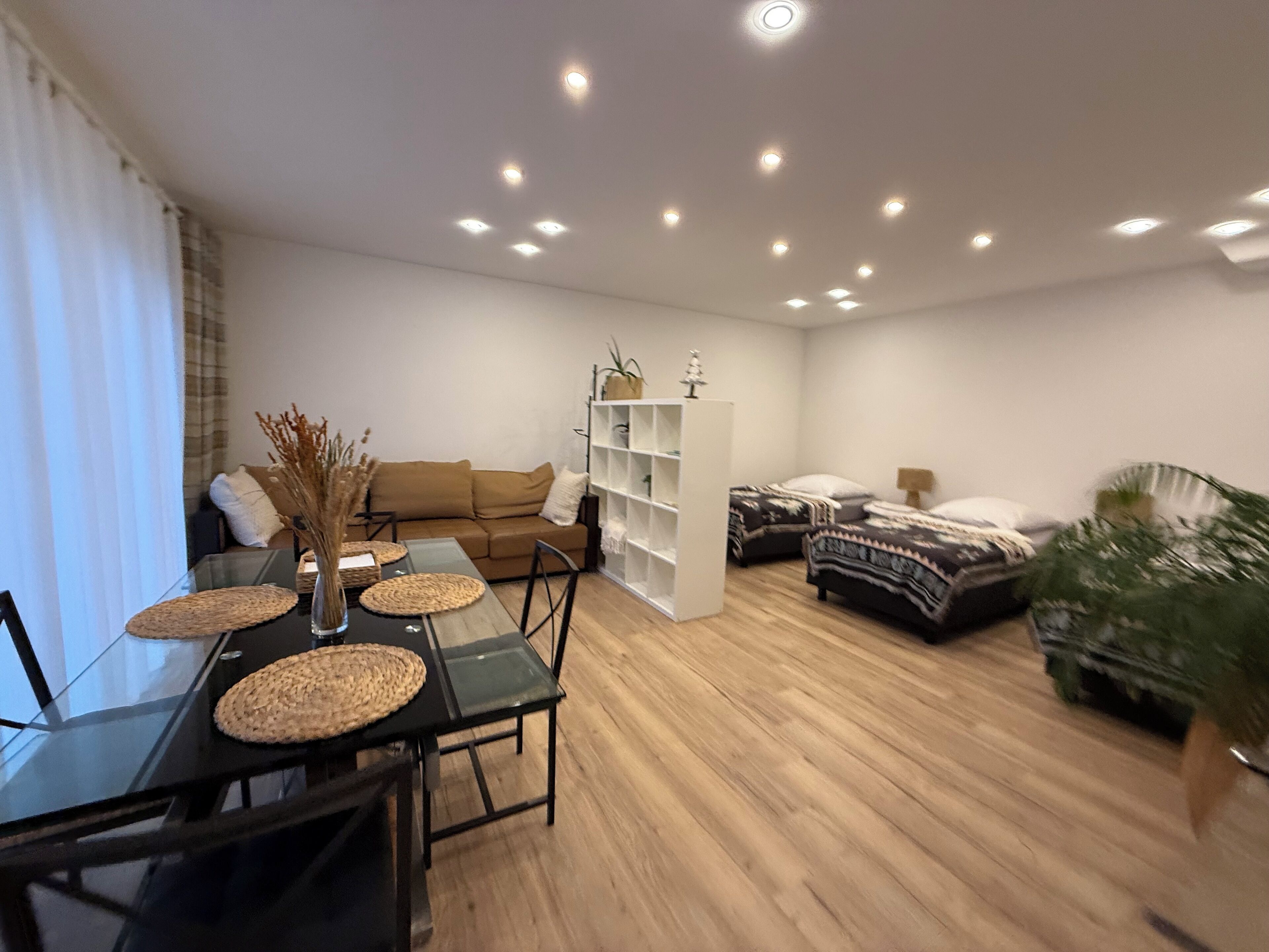 A modern living room with a glass dining table, a sofa, a bookshelf, and two beds.