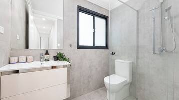 Shower, hair dryer, towels, soap
