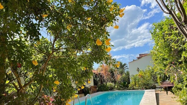 A swimming pool surrounded by lush greenery and a white building in the background.