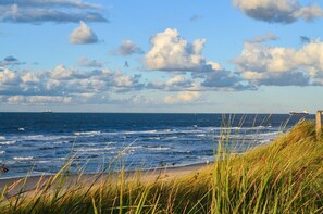 Ein Strand mit Wellen, ein Schiff in der Ferne und eine Wiese im Vordergrund.
