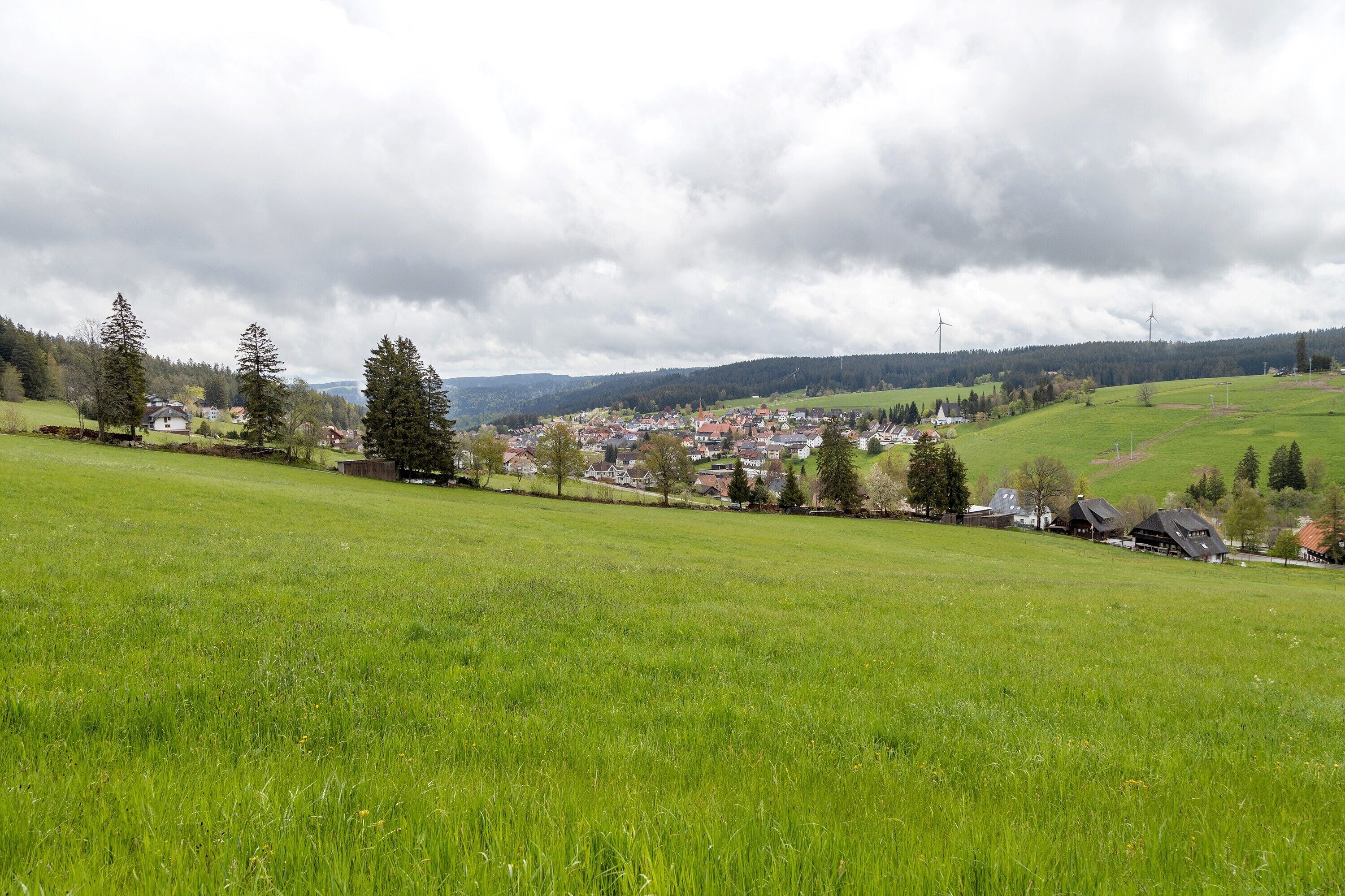 Un paysage rural avec un village, des champs verdoyants et des éoliennes à l’horizon.