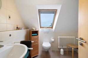 Shower, hair dryer - Room 'Doppelzimmer Gänseblümchen' with Private Terrace, Shared Garden and Wi-Fi (Elzach)