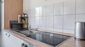 A modern kitchen with a stainless steel sink, a built-in stove, and a kettle. - Pet-Friendly Apartment in the Lake District (Fünfseen Ot Petersdorf)
