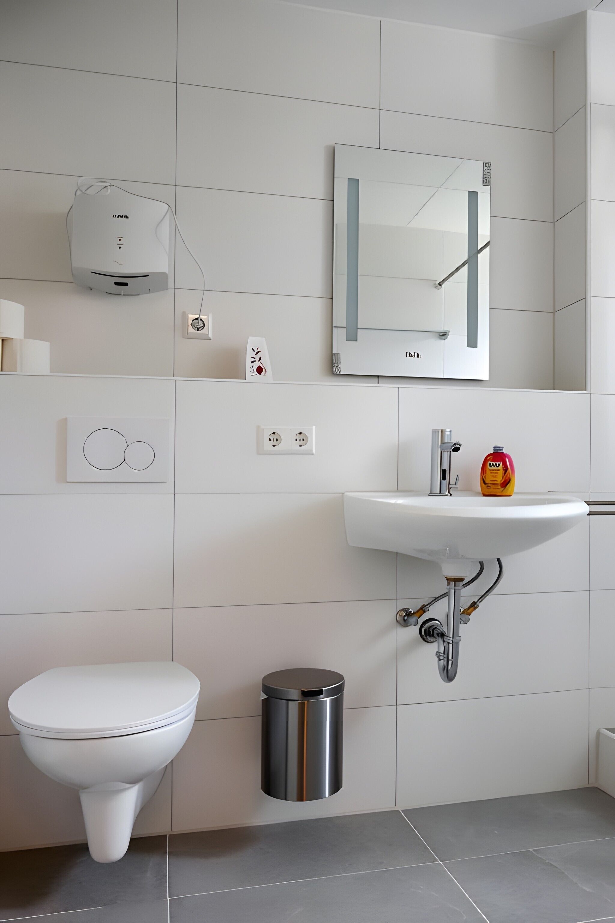 Ein modernes Badezimmer mit Toilette, Waschbecken, Spiegel und Mülleimer.