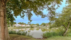 Une vue paisible sur un lac, avec un quai, des arbres et une rangée de maisons en arrière-plan.