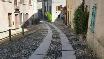 Una stretta strada acciottolata costeggiata da edifici con balconi e persiane.