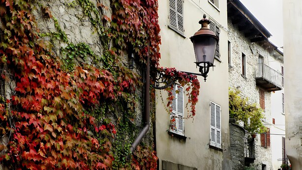 A narrow street with buildings covered in ivy, a street lamp, and a white door. - Apartment 'La Vista Sul Castello' with Mountain View, Wi-Fi and Air Conditioning (Compiano)