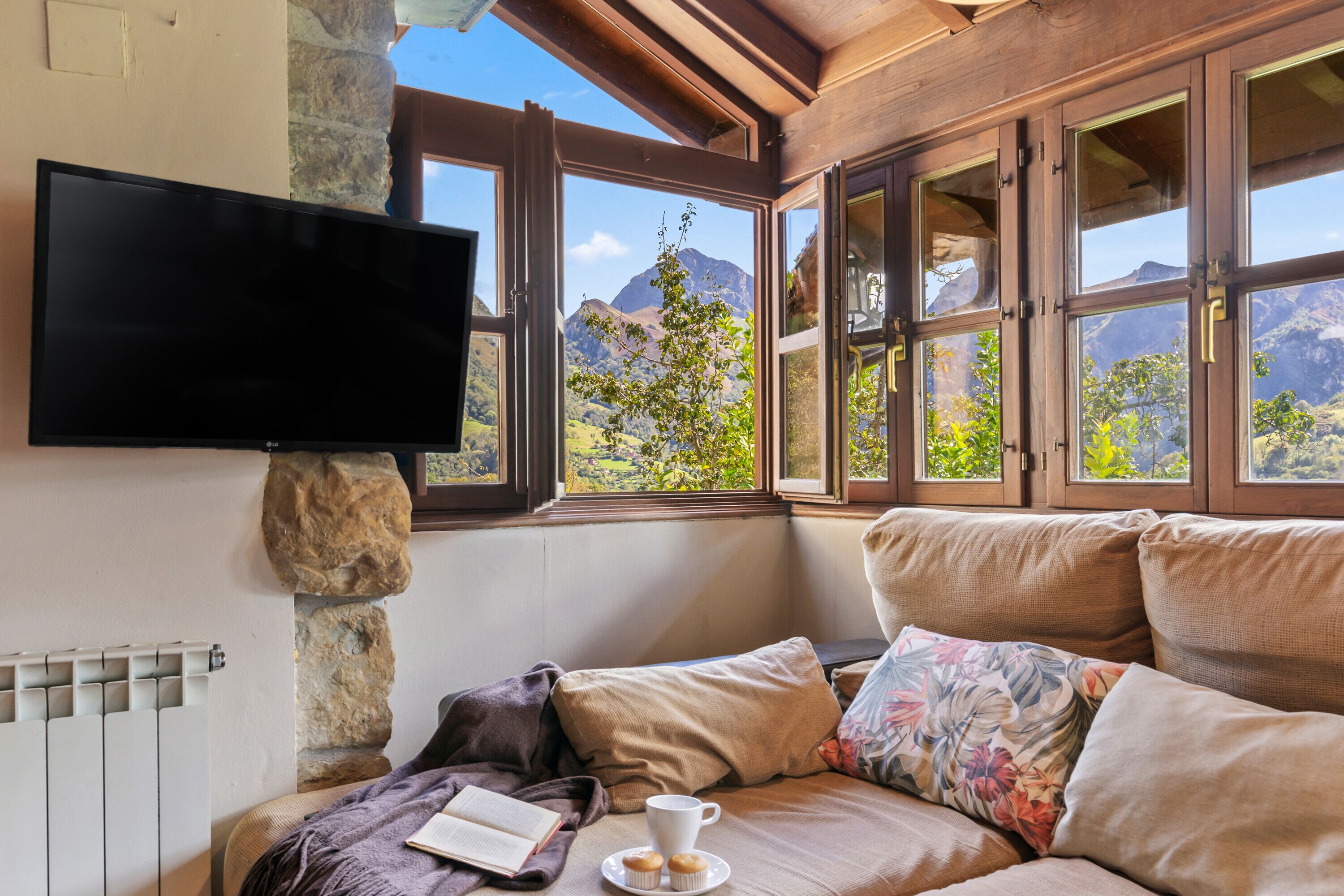 Een televisie en een open haard