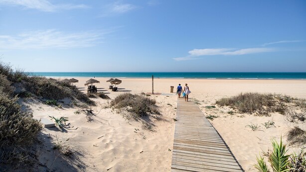 A wooden boardwalk leading to a beach with dunes and beach umbrellas.