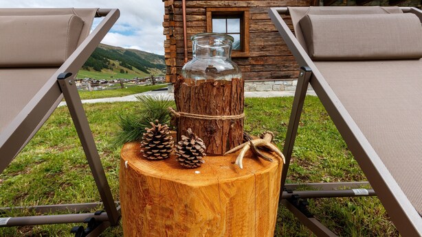 A wooden cabin with a glass jar on a tree stump, pine cones, and a rope. - Chalet 'Rain Villa Genf' with Mountain View, Shared Garden and Wi-Fi (Livigno)
