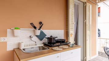Una cucina compatta con lavello, fornelli e mobili bianchi.