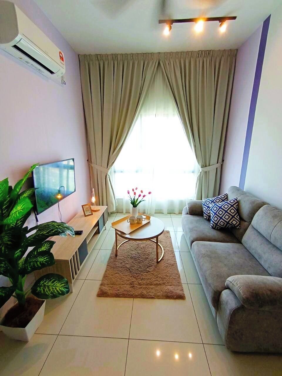 A living room with a sofa, a coffee table, a TV, and a potted plant.
