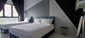 A modern hotel room with two beds, a large window, and a view of the city. - Belle Vue Infinity Suites l The Horizon Ipoh l by Grab A Stay l 1-8pax (Ipoh)