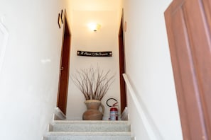 Un escalier avec un extincteur, un vase rempli de branches et un panneau accroché au mur.