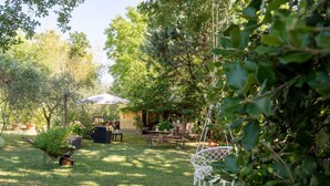 Un jardin avec un banc en bois, une chaise suspendue et une brouette remplie de plantes.