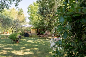 A garden with a wooden bench, a swing chair, and a wheelbarrow with plants.