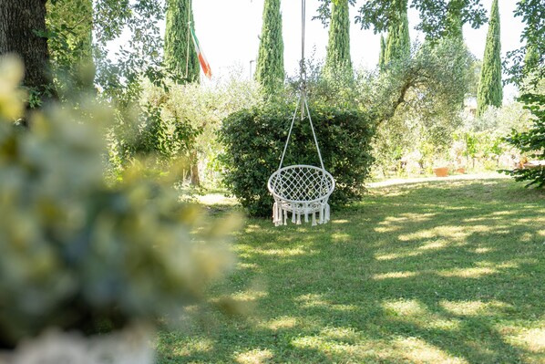 A hanging chair in a lush garden with tall trees and a clear sky.